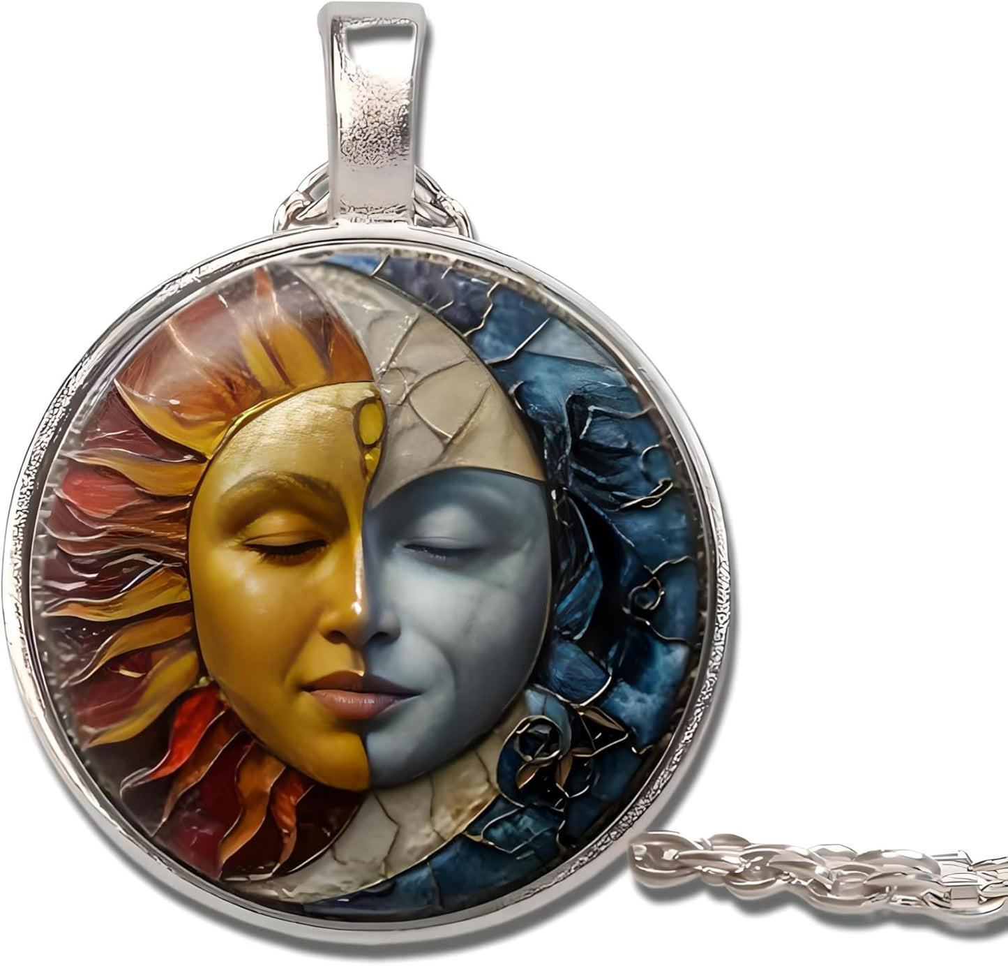 1pc Stunning Round Pendant Necklace - Unique Sun & Moon Pattern, Oil Painting Style Glass Mosaic, Alloy Construction, Trendy Sweater Chain, Fashionable Gift for Women - Christmas or Birthday Gift