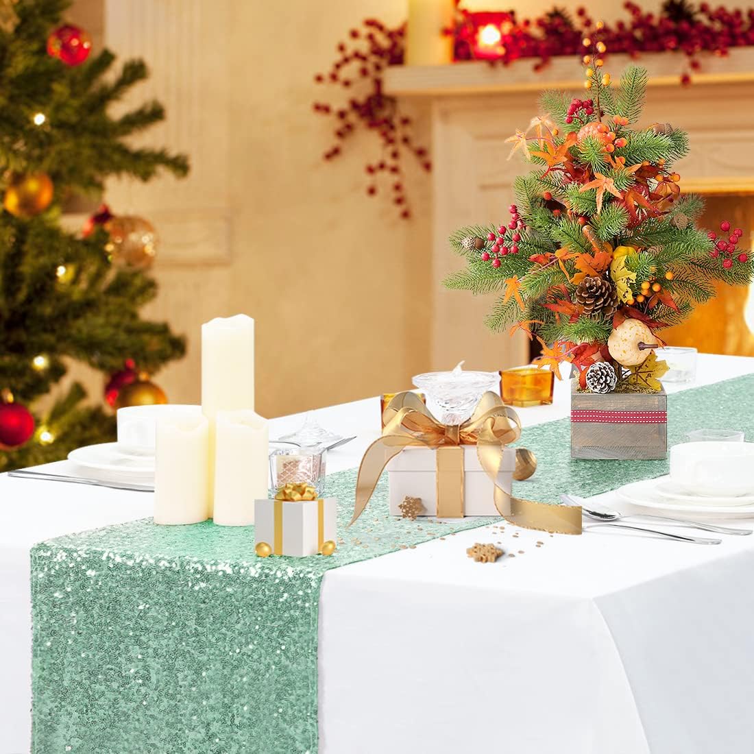 Eternal Beauty 5PCS-12X108 Mint Green Sequin Table Runner for Wedding, Decorations for Birthday Parties, Banquets, Graduations,Christmas