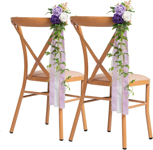 Meldel Wedding Chair Decorations Set of 10 Aisle Artificial Flowers White Puprle Rose Garland with Hanging Ribbons for Ceremony Reception Church Arrangement Party Wedding Decor