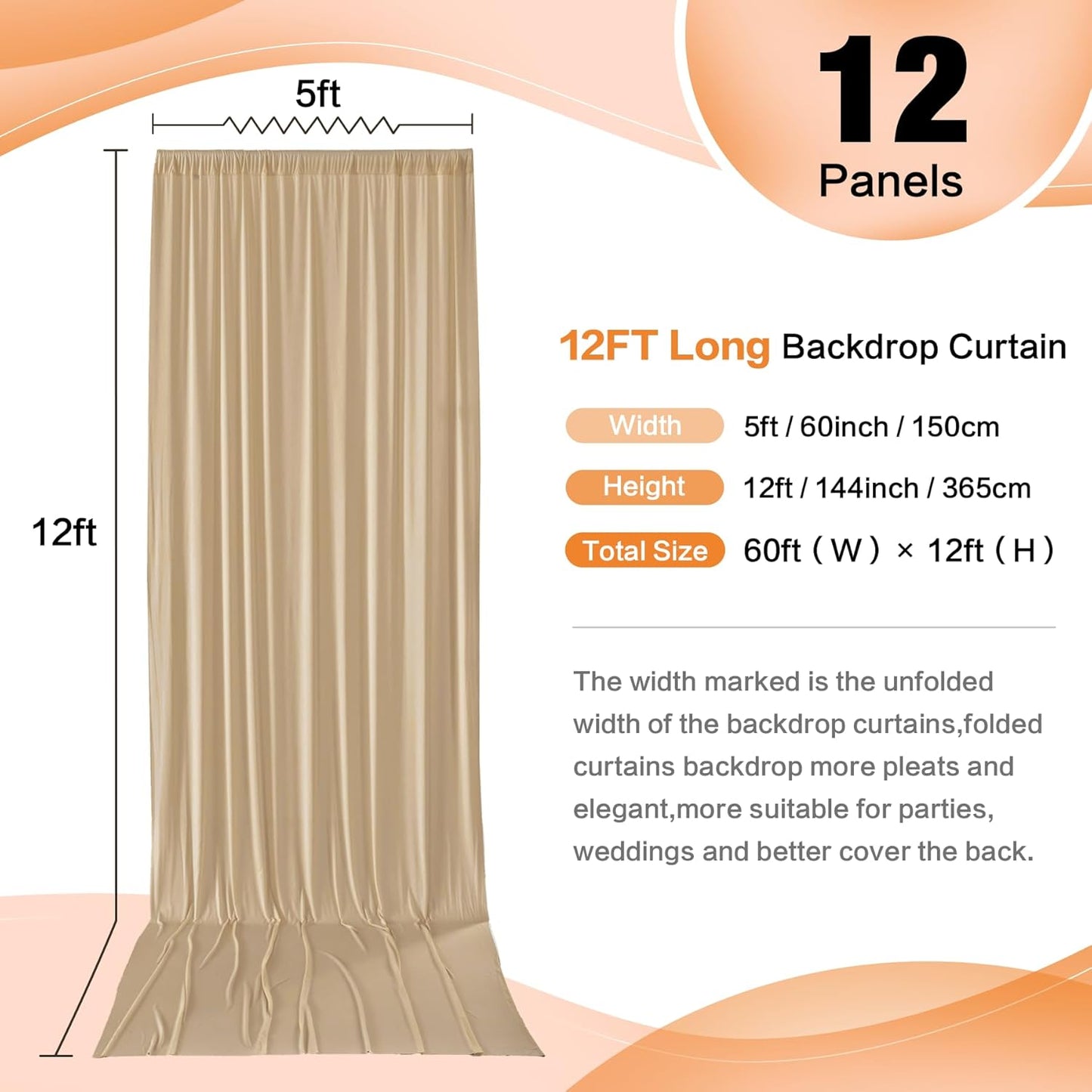 60×12 ft Wrinkle Free Beige Backdrop Curtain for Wedding Parties, 12 Panels 5×12ft Long Silky Polyester Photo Backdrop Drapes for Birthday Baby Shower Photography Stage Evnets Background Cloth