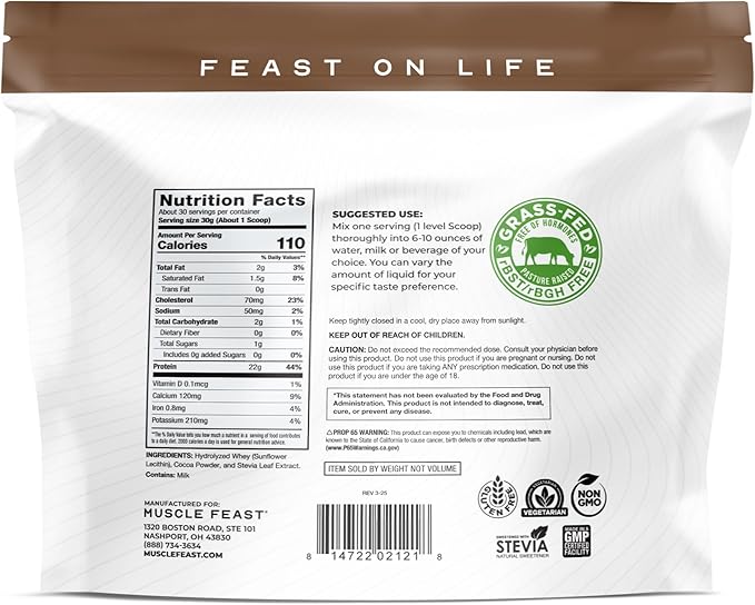 Muscle Feast Hydrolyzed Whey Protein Powder, Grass Fed and All Natural Hormone-Free, Hydro Whey Powder for Men and Women, Gluten Free, Non-GMO, Delicious Hydrolyzed Protein Powder, Chocolate, 2lb