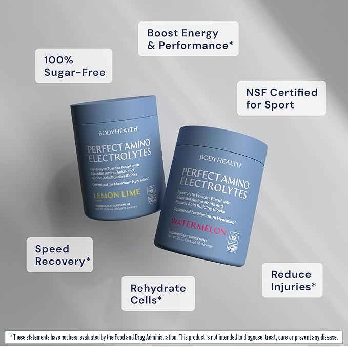 BodyHealth PerfectAmino Electrolytes Powder No Sugar, Hydration Fasting Keto Zero Sugar Electrolytes Drink Mix with Trace Minerals - NSF Certified for Sport - Watermelon - 66 Servings