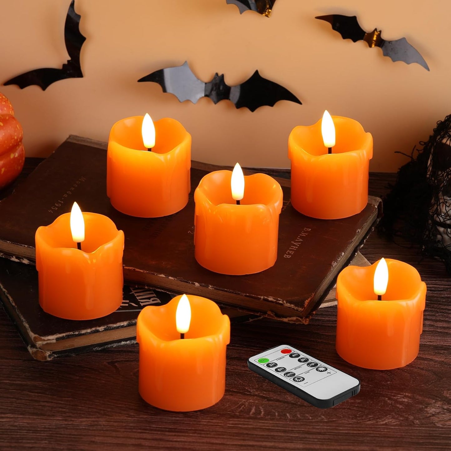 Eywamage Orange Flameless Votive Candles with Remote Batteries, Dripping Wax Halloween Fall LED Candles Set of 6 Φ 2" H 2"