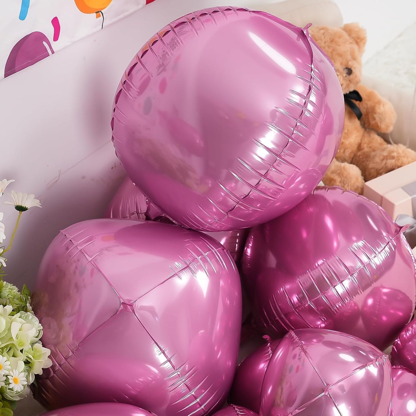 12Pcs Pink Round Foil Balloons, 22" 15" 10" 4D Helium Ball Balloon, Metallic Pink Foil Balloon for Birthday Graduation Wedding Anniversary New Year Eve Disco Prom Party Decorations