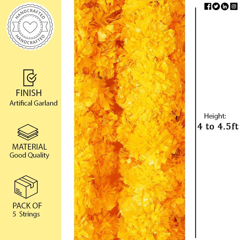 Marigold Garlands for Decorations - Wedding, Halloween, Day of The Dead Pack of 5 - Indian Decor for Pooja, Flower Garland for Decoration (4 to 4.5 Ft) Hashcart®