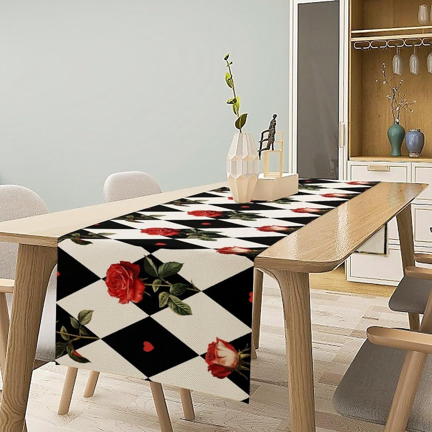 Vintage Rose Table Runner, Red Rose Hearts Black White Checkered Background Table Runner for Kitchen Dinning Table Runner Decor Home Wedding Party Holiday, 13x108 Inch