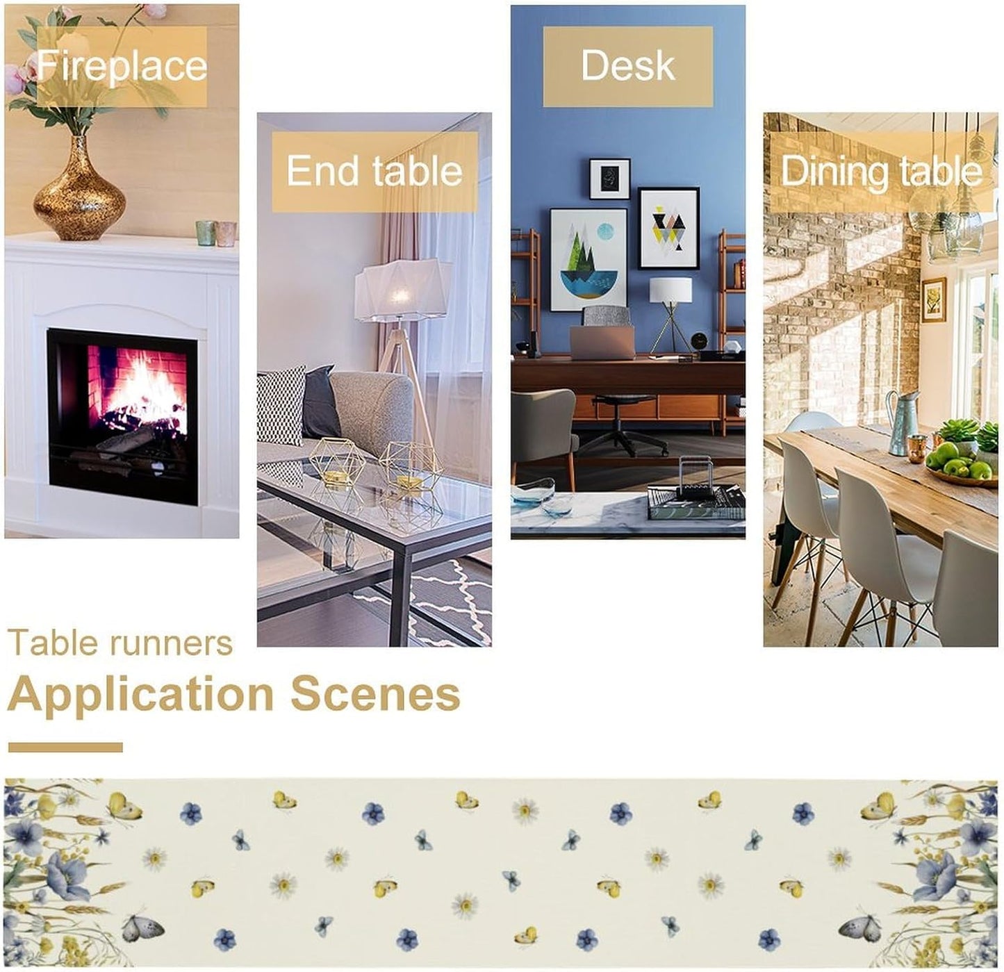 Floral Table Runner, Spring Watercolor Flower Plants Nature Butterfly Table Runner for Kitchen Dinner Living Room Home Party, 13x70 Inch