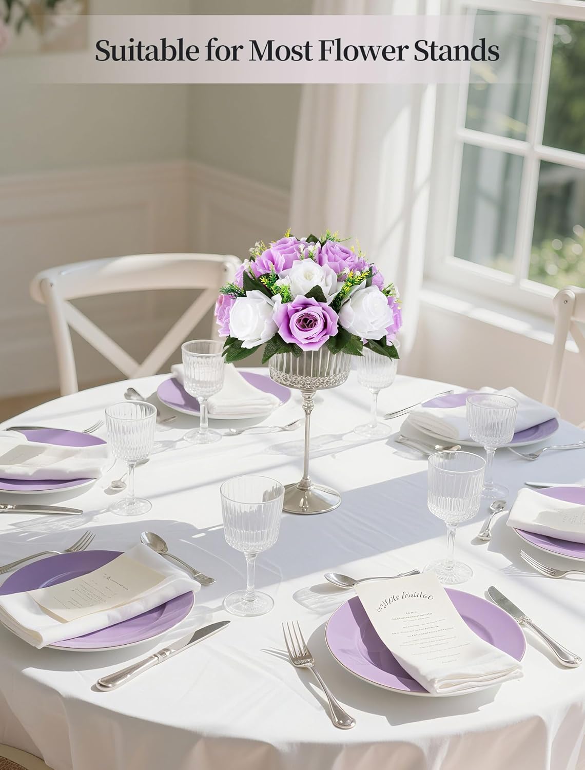 BLOSMON Purple Flowers Ball for Centerpieces: 6 Pcs Fake Lilac White Roses Flowers for Wedding Dinning Table - Faux Silk Kissing Bouquet with Base Floral Arrangement for Home Party Event Decor