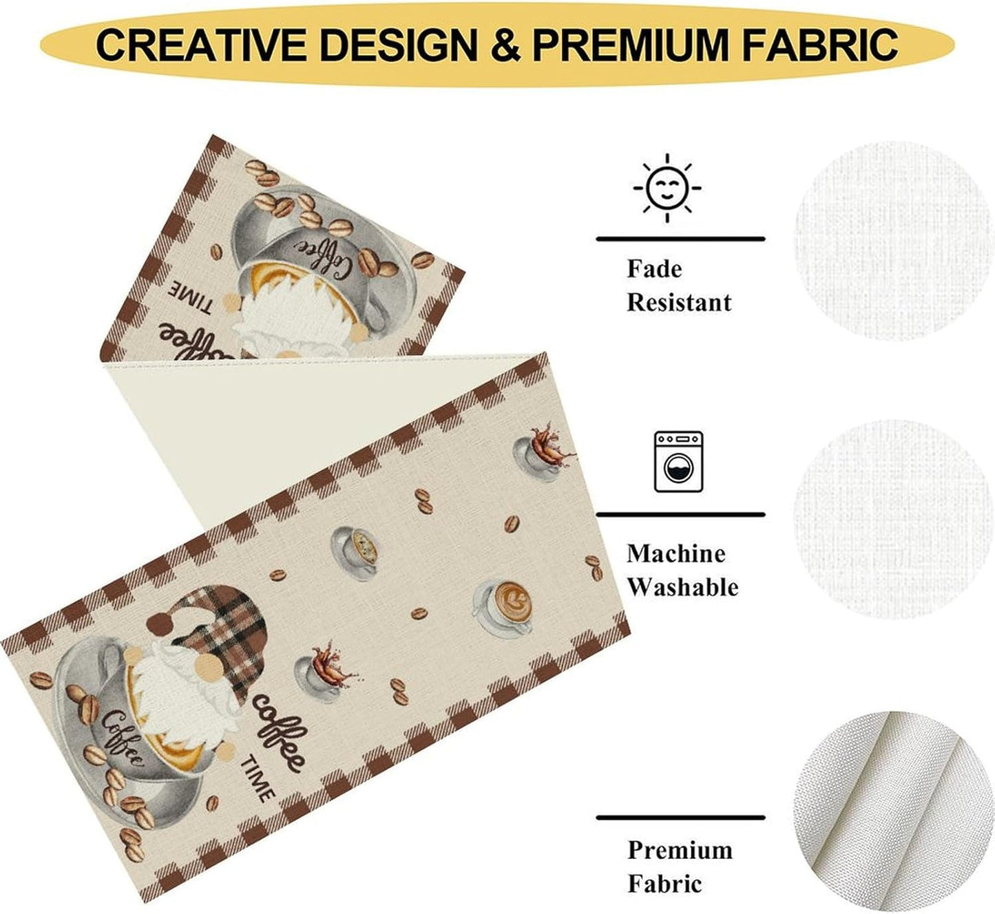 Coffee Time Table Runner, Farmhouse Retro Gnome Coffee Cup Tea Party Cafe Table Center Decor for Home Kitchen Dining Patio Holiday Party Indoor Outdoor Table Decorations,13"x72" Inch