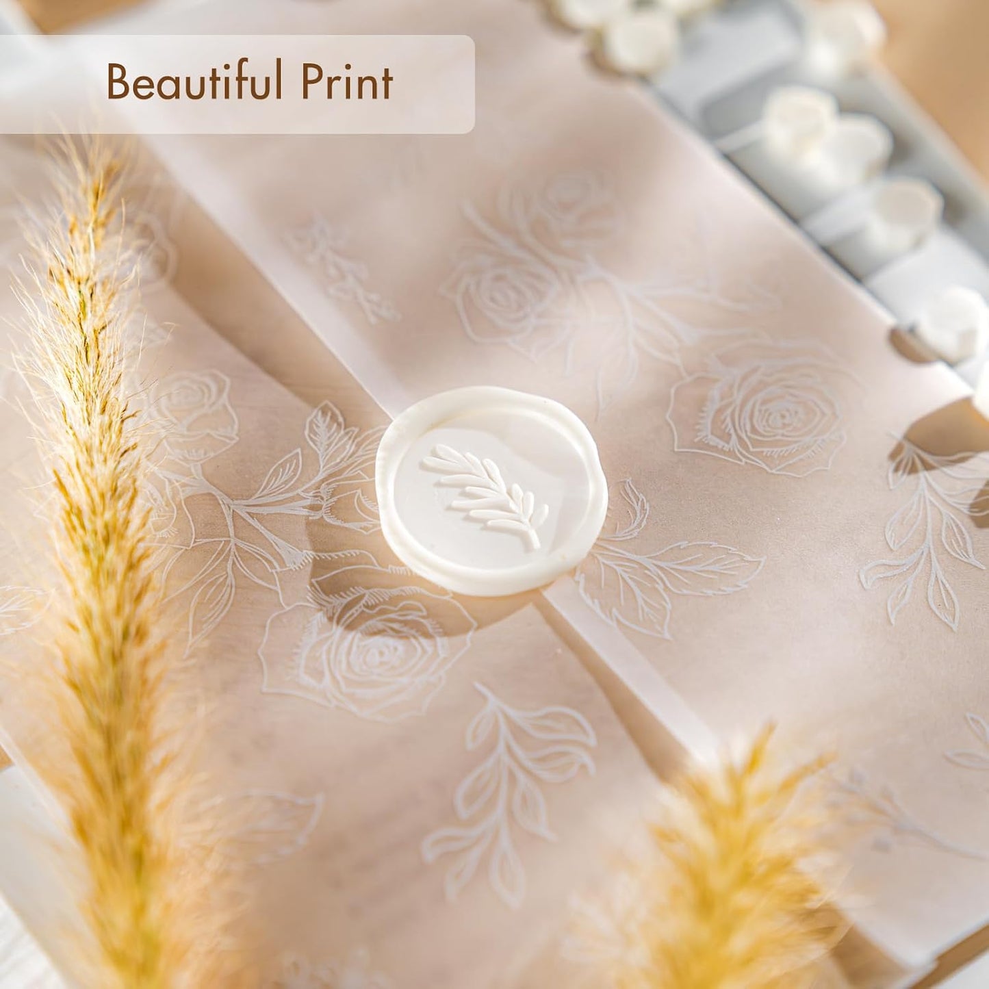 50 Pack Pre-Folded Vellum Jackets for 5x7 Invitations,AZAZA Translucent Invitation Sleeves,115GSM Vellum Jackets 5x7, Wedding Invitation Accessories,for Weddings Birthdays,Botanical Flower Pattern