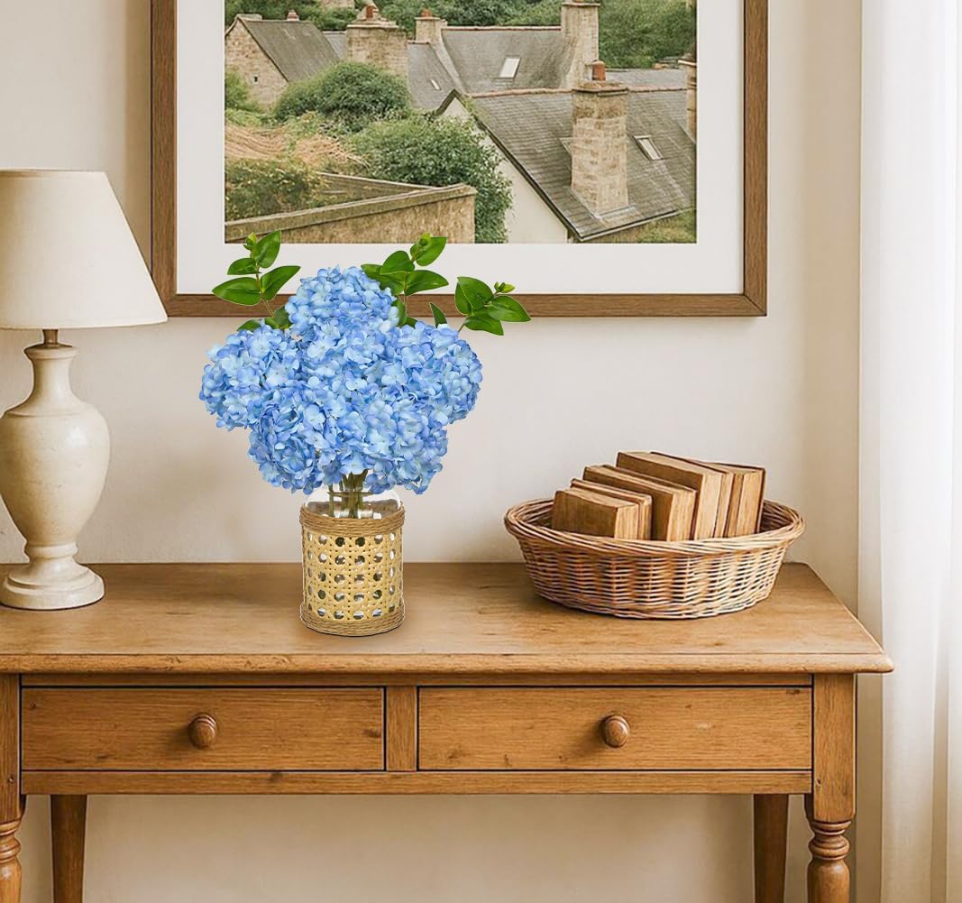 Hollyone Blue Hydrangea Artificial Flowers in Woven Glass Vase with Faux Water Silk Hydrangeas Fake Flowers Floral Arrangement for Home Indoor Bathroom Kitchen Office Table Centerpiece Shelf Decor