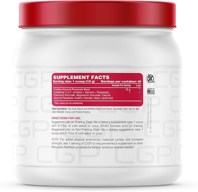 Metabolic Nutrition, CGP, Creatine Glycerol Phosphate, 100% Micronized Creatine Powder, Pre Intra Post Workout Supplement, Fruit Punch, 400 Grams (40 Servings)