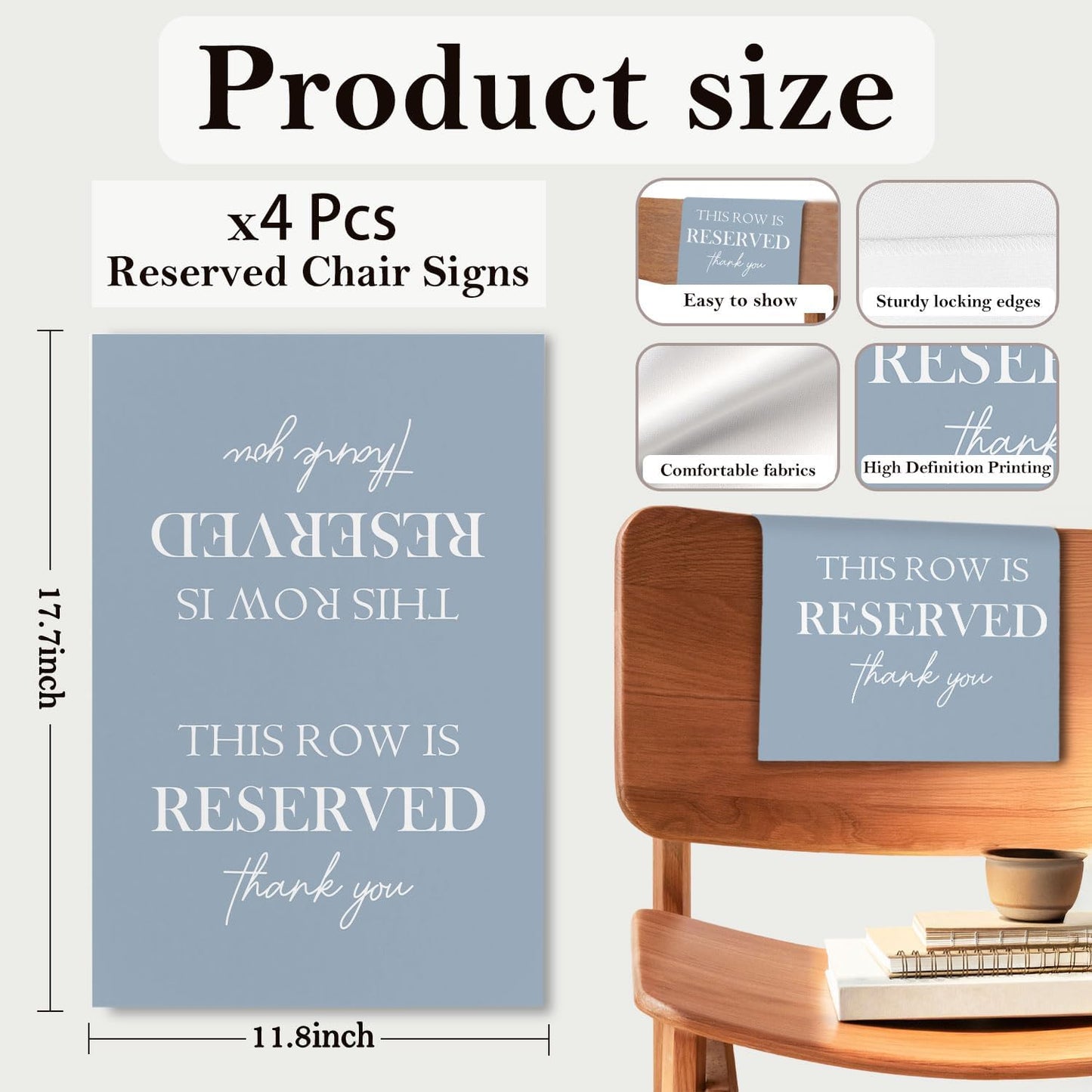 Reserved Seating Chair Signs, This Row Is Reserved Pew Cloths Seating Placeholder for Church Pews, Dusty Blue Wedding Decorations for Reception Parties Event (Dusty Blue, 4 PCS)