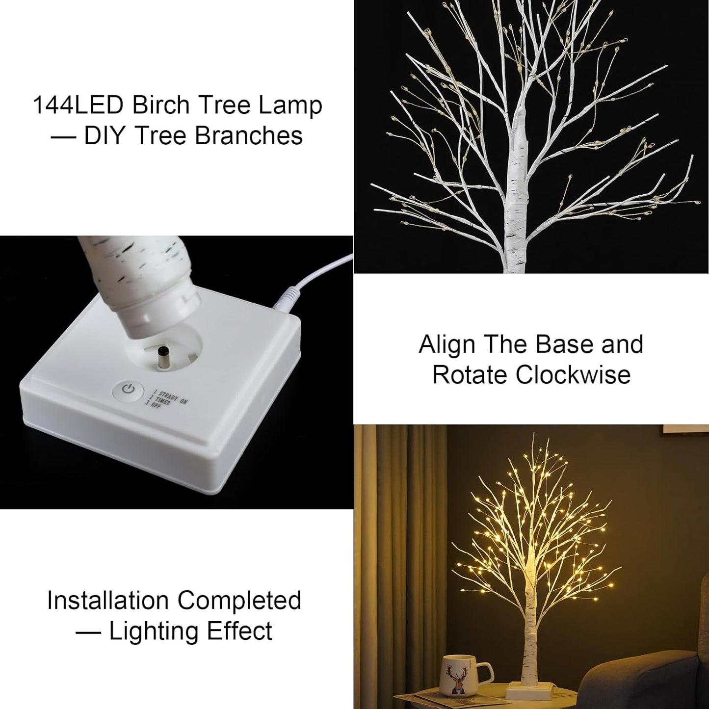 2 Pack 144 LED Artificial Tree Lamp with Timer, DIY Birch Tree with LED Lights, Lighted up Tree Lamp USB/Battery Powered, Fairy Light Spirit Tree for Table Home Bedroom Christmas (Warm White)