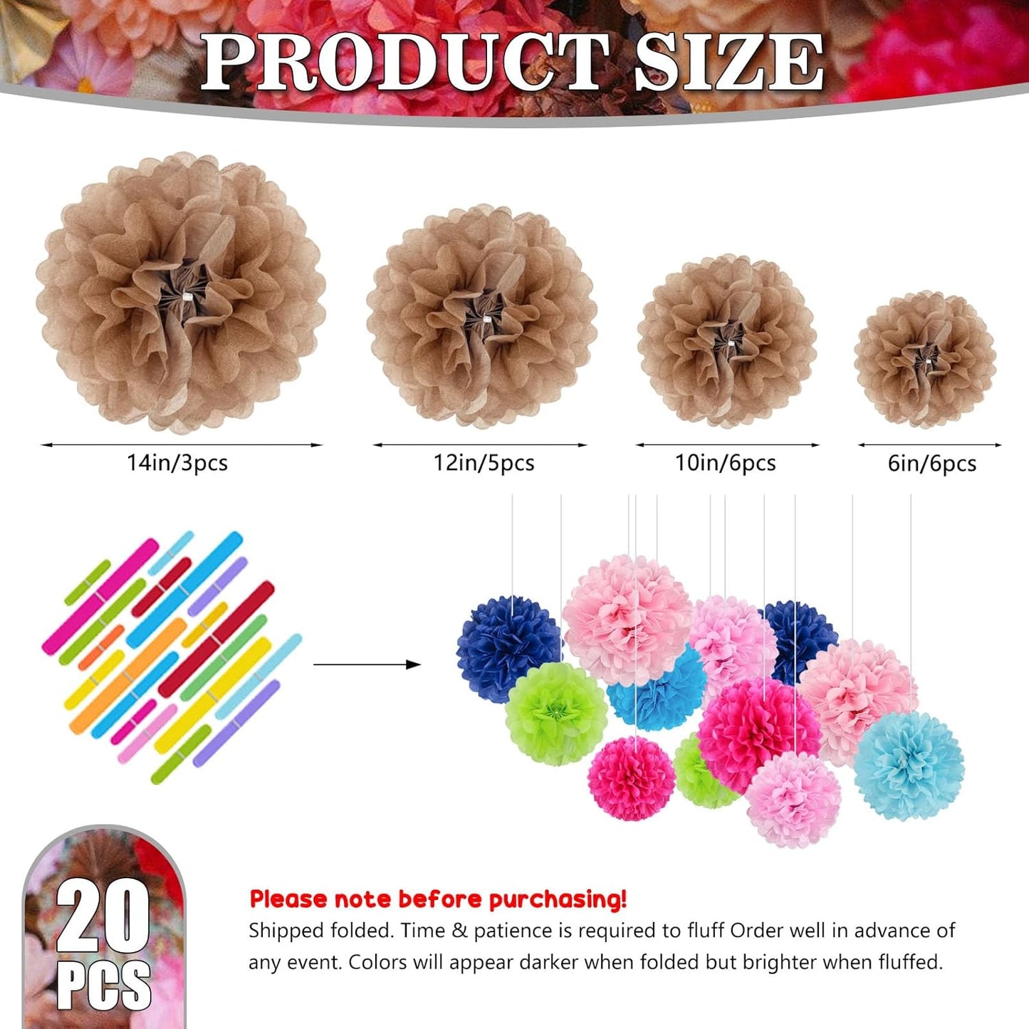 Tissue Paper Pom Poms, Brown Tissue Paper Flowers, Hanging Flower Balls for Weddings Fiesta Parties Birthday Baby Showers Classroom Bridal Shower Decoration (20Piece Set-6/10/12/14Inch)