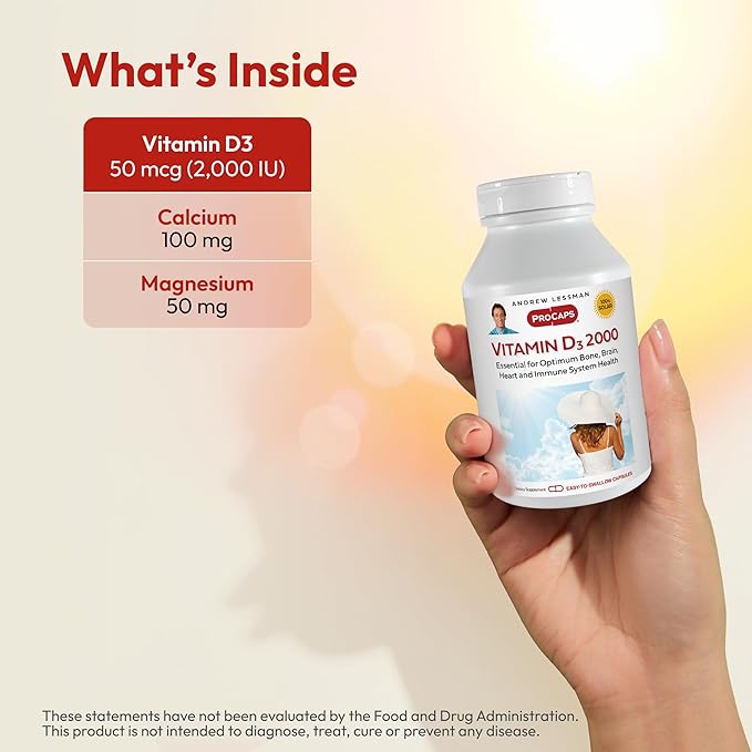 ANDREW LESSMAN Vitamin D3 2000 IU 180 Capsules - High Potency, Essential for Calcium Absorption, Supports Bone Health, Healthy Muscle Function, Immune System, More. Small Easy to Swallow Capsules