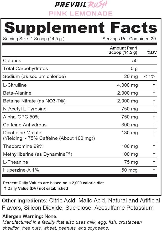 Cutler Nutrition High Stim Pre Workout Powder Prevail Rush Preworkout for Men & Women for Intense Pumps Energy and Focus with Caffeine NO3T Betaine and Dynamine | Pink Lemonade (20 Servings)