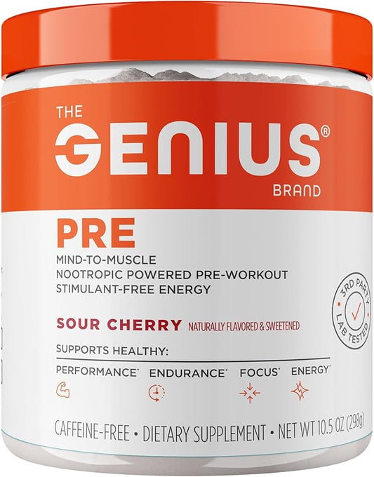 The Genius Brand Genius Pre - Clean Pre-Workout Powder for Energy, Focus & Fitness Support - No Artificial Flavors, Preservatives, or Proprietary Blends - Non-GMO - 20 Servings - Sour Cherry
