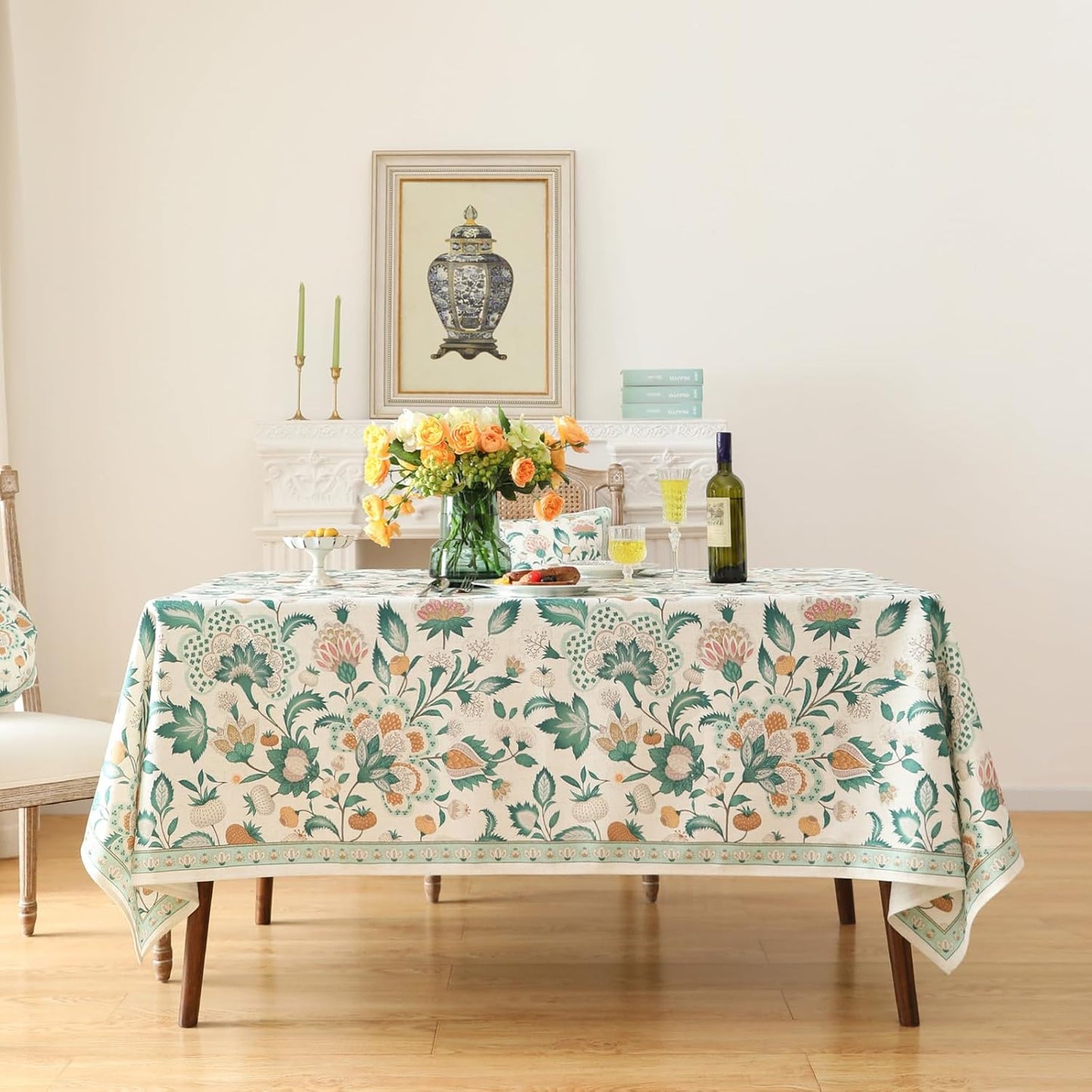 patdrea Designer Linen Green Small Cloth for Rectangle Table,Vintage Italian Floral Country Linen Tablecloth,Decor Cover for Kitchen Dining,Christmas,Thanksgiving,Tea Party,55"x71"-Tree Life