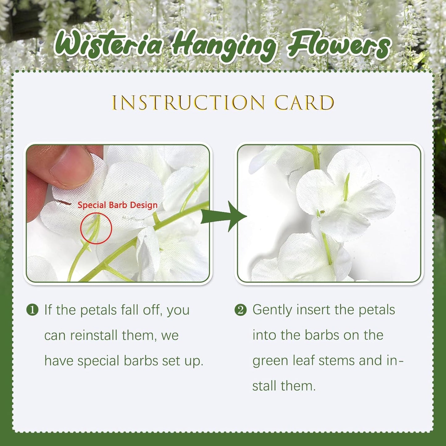 12 Pack Green White Wisteria Hanging Flowers, 3.44 Ft Fake Hanging Flowers, Artificial Wisteria Garland Vines for Wedding Room Backdrop Outdoor Patio Garden Decoration