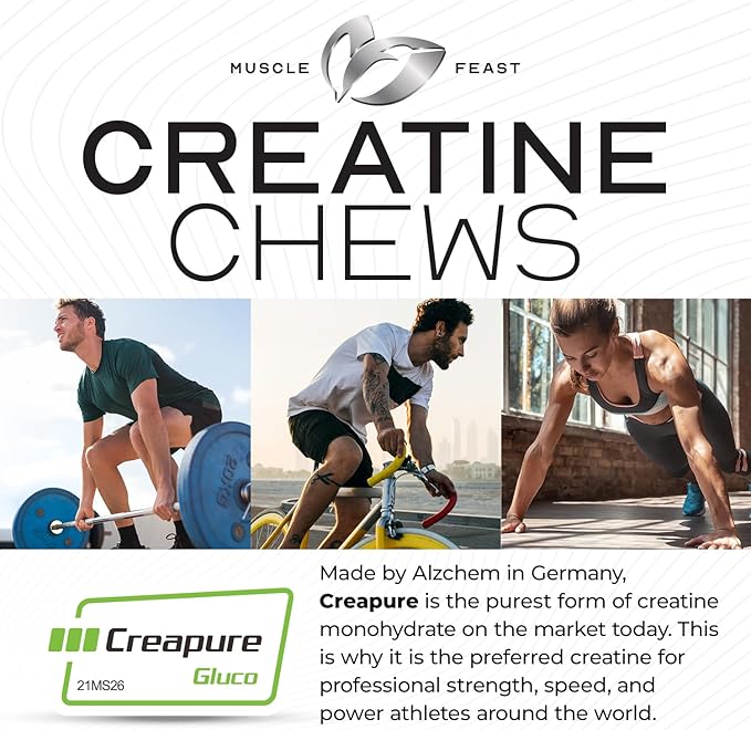 Muscle Feast Creatine Monohydrate Chewables - Vegan & Gluten-Free Creapure Creatine Chews for Men & Women - Delicious Citrus-Flavored Creatine Tablets for Muscle Building - Lemon Lime, 360 Tabs