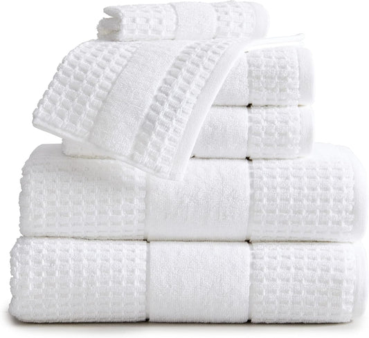 100% Cotton Super Soft Luxury Towel Set | Quick-Dry and Highly Absorbent | Waffle Textured | 550 GSM | 2 Bath Towels, 2 Hand Towels, & 2 Washcloths | Harper Collection (White)
