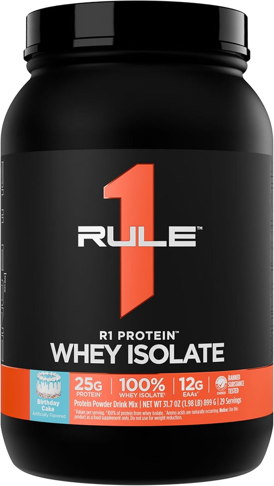 Rule 1 R1 Protein Whey Isolate - With 25g Protein & 6g BCAA Exclusively from Isolated & Hydrolyzed Sources for Workout Recovery (2 Pounds*, Birthday Cake)