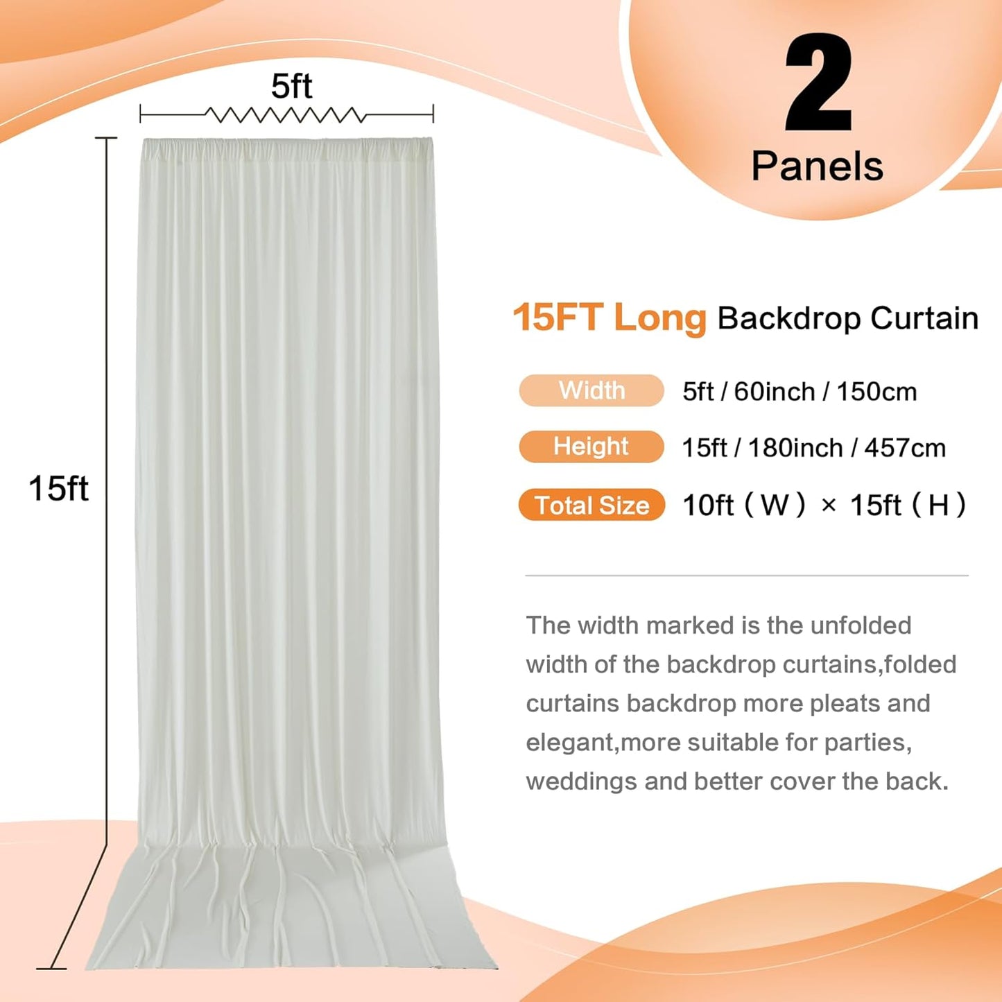 10ft x 15ft Ivory Wrinkle Free Backdrop Curtains for Parties,Silky Polyester Fabric Wedding Ceiling Drapes, 2 Panels 15ft Photo Back Drop Drapes for Baby Shower Photography Stage Background Cloth