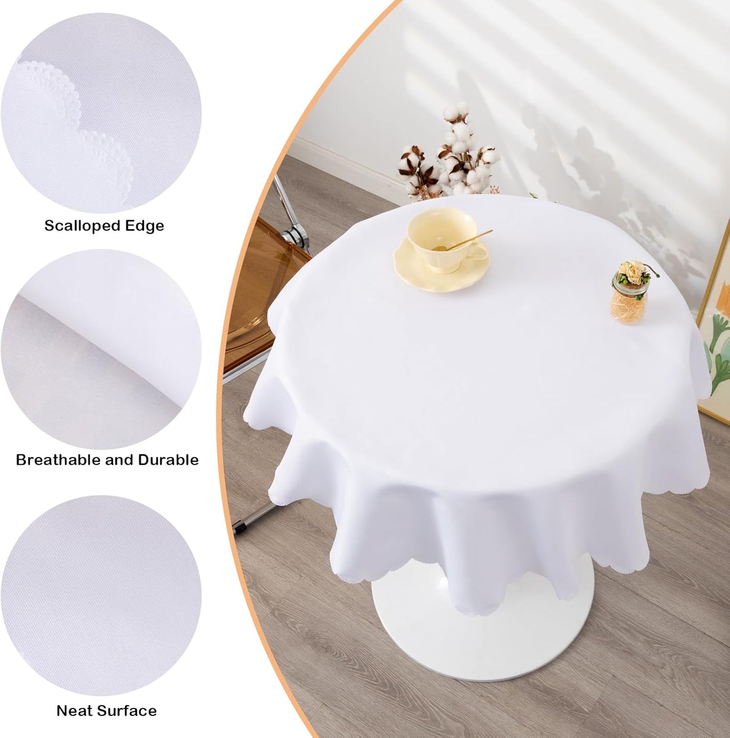 Round White Tablecloth 48 Inch Polyester Fabric Washable Table Cloth Decorative Wrinkle Resistant Solid Color Table Cover for Kitchen Dinning Party Wedding Camping