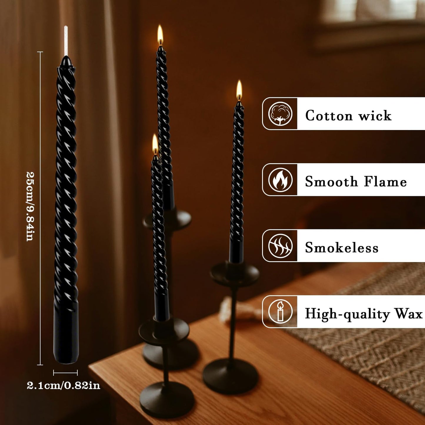 12-Pack 10' Tall Black Spiral Taper Candle Set - Dripless, Smokeless for Halloween&Christmas, Unscented Candlesticks, Dripelss Tapered Candles for Table Rituals,Memorial Prayer Wiccan Rituals.