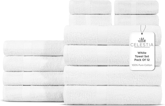 100% Cotton Bath Towel Set of 12-4 Bath Towels, 4 Hand Towels, 4 Wash Cloths, Sustainable, Soft, Highly Absorbent, Combed Cotton 12 Piece Set for Hotels, Spa, Bathroom, Dorm, White