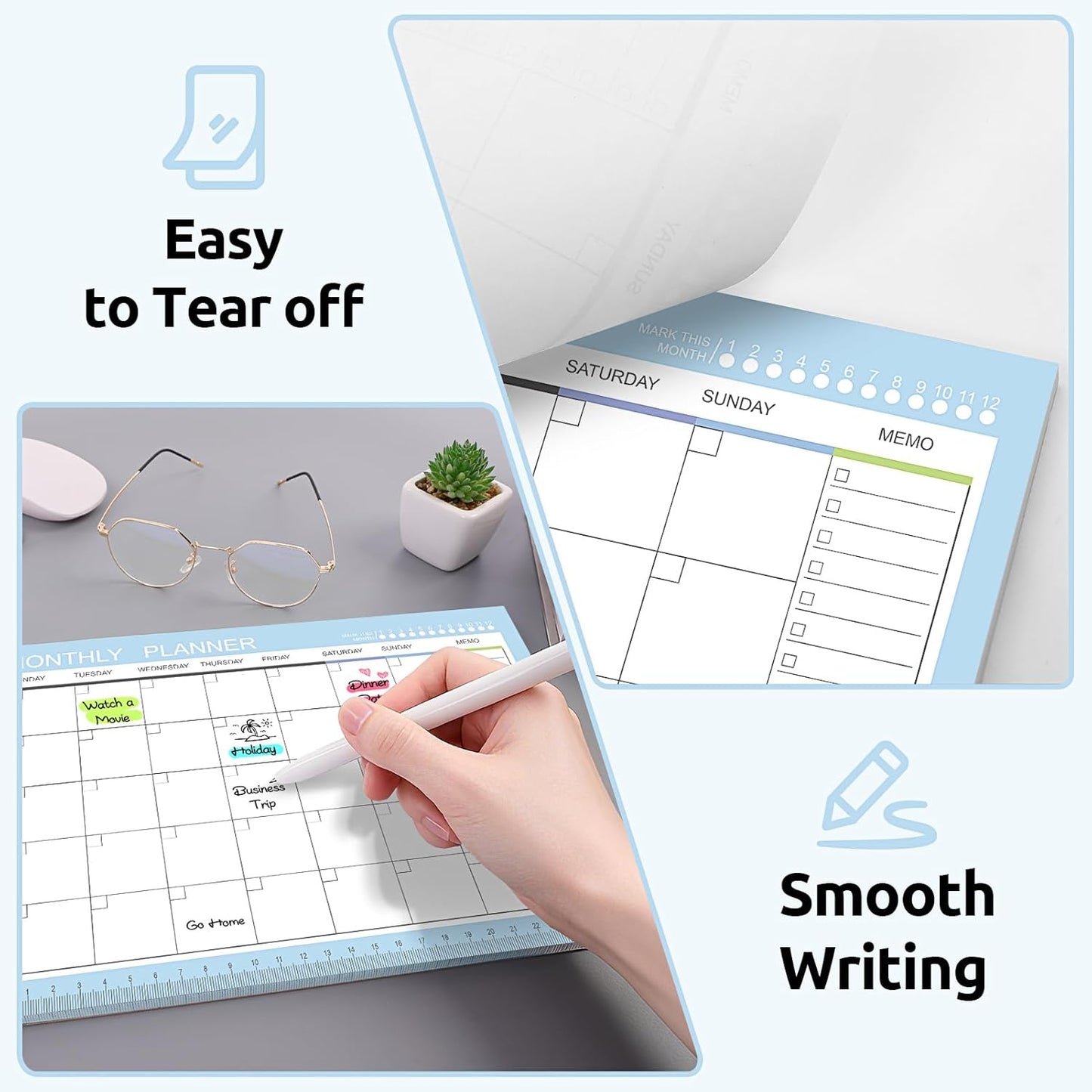 Phyxin Undated Planner, 54 Sheets Blank Calendar, 11.2" x 8.3" Monthly Calendar Planner, Tear Off Undated Monthly Planner with Memo for Women, Students, Teachers, Blue