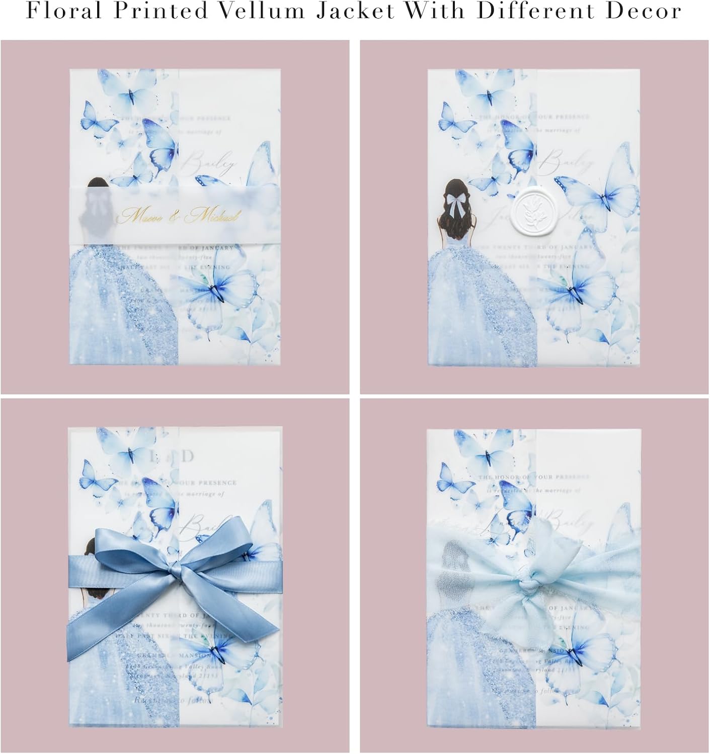 PONATIA 50 PCS Vellum Jackets for 5x7 Invitations - Vellum Paper 5x7 Jackets - 135GSM Blue Girl Butterfly Quinceanera Invitations Wraps - Transparent Cards