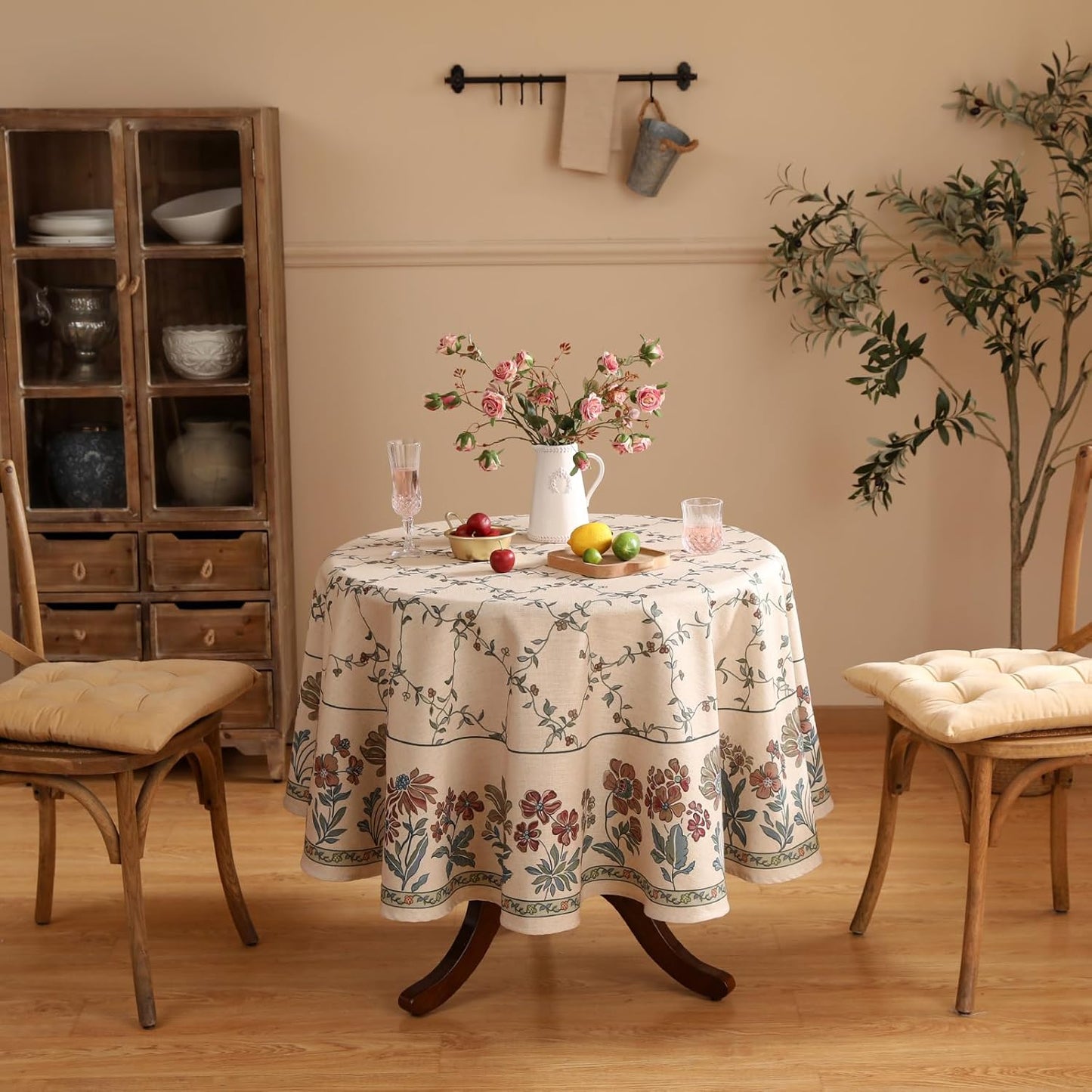 patdrea Designer Vintage Linen Round Table Cloth,Durable Breathable Floral Tablecloth,Dacorative Table Covers for Kitchen Dining Tea Party,Holiday,Christmas,Thanksgiving,Diameter 67"-Oliveirad