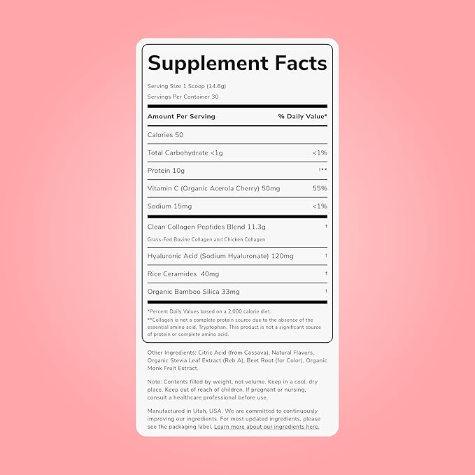 Clean Simple Eats Collagen Powder + Beauty Blend, Strawberry Colada, Hydrolyzed Collagen Peptides from Grass Fed Bovine & Chicken, Hyaluronic Acid for Hair, Skin, Nail & Joint Support, 30 Servings