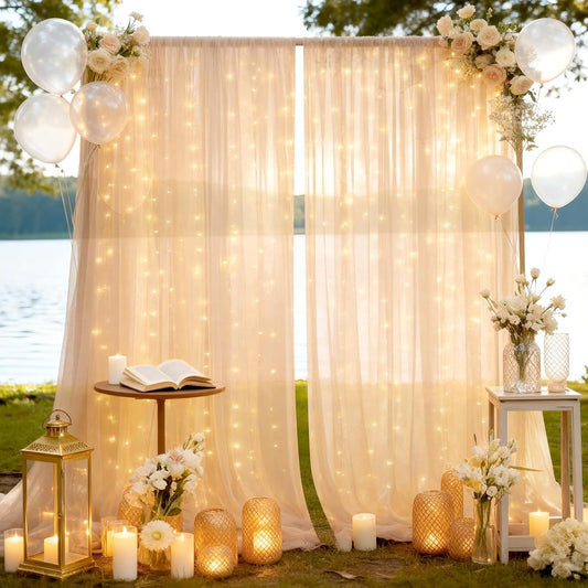 10×10ft Tulle Backdrop Curtains with Lights String - 300LED Fairy Lights Sheer Curtain Backdrop for Weddings Baby Shower and Birthday Party Decorations(8 Panels 5×10ft)