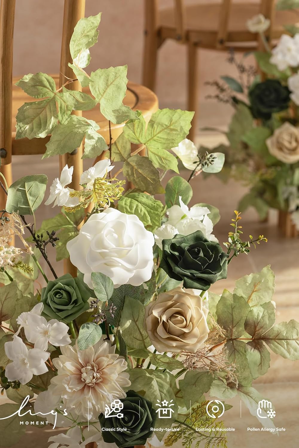 Ling's Moment 17.5" Tall Standing Artificial Flowers Arrangements 4pcs Fall Wedding Aisle Runner Chair Decorations Emerald & Tawny Beige Centerpieces for Ceremony Reception Rose Floral Party Outdoor