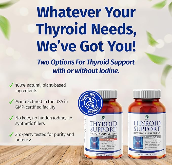 1 Body Thyroid Support Supplement, Iodine-Free, Vegan, with L-Tyrosine and Ashwagandha, 60 Capsules