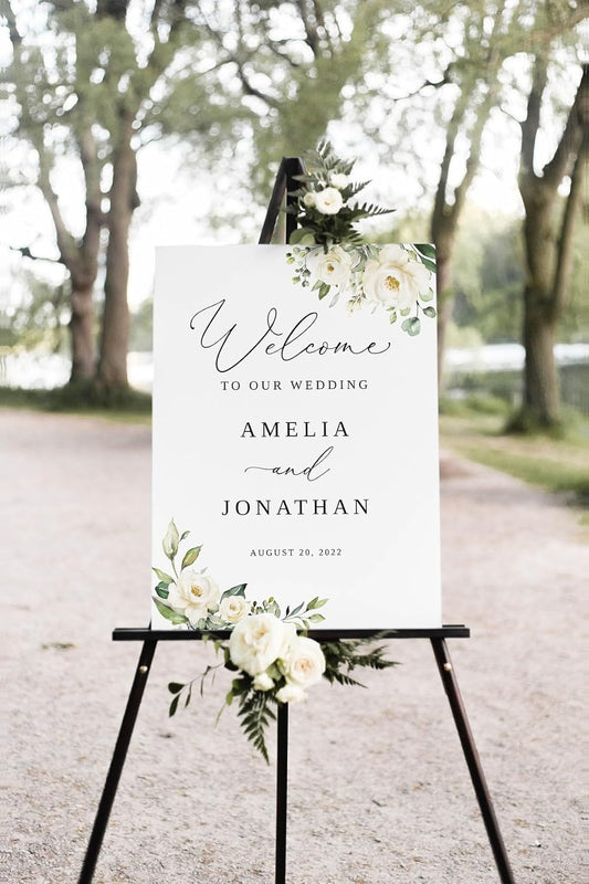Welcome To Our Wedding Sign, Welcome To Our Wedding Sign With Stand, White Floral Wedding Welcome Sign Template, Welcome Wedding Sign, Printable Wedding Sign, White Flowers