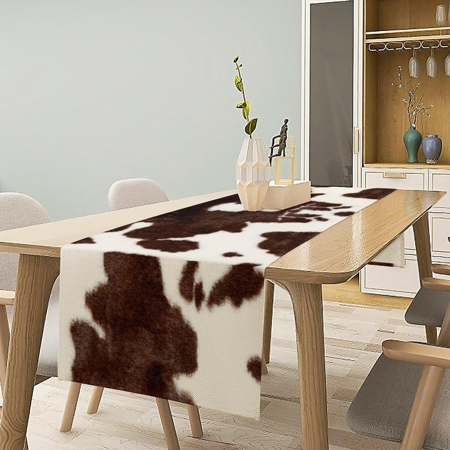 Cow Skin Print Table Runner, Safari Wildlife Brown Country Farm Cowhide Pattern Cotton Linen Rustic Cottage Table Runner for Dinning Home Party Holidays Home Setting, 13x60 Inch