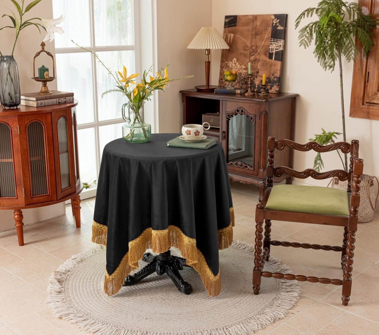 F-CHU Small Square Tablecloths 36 x 36 Inch Velvet Tablecloth Solid Black Small Round Table Cover for Nightstand End Bedside Table Tabletop Decoration，Black Tablecloth