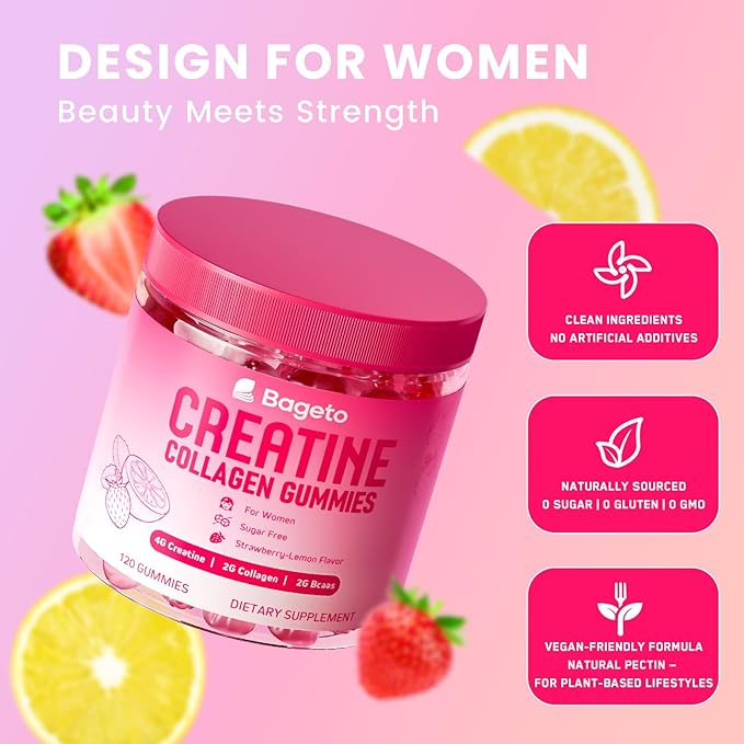Creatine for Women, Creatine Monohydrate Gummies with Collagen+BCAAs+Hyaluronic Acid+Vitamin C & B12, Supports Lean Muscle, Booty, Energy & Recovery, 120 Sugar-Free Flavored Vegan Gomitas de Creatina