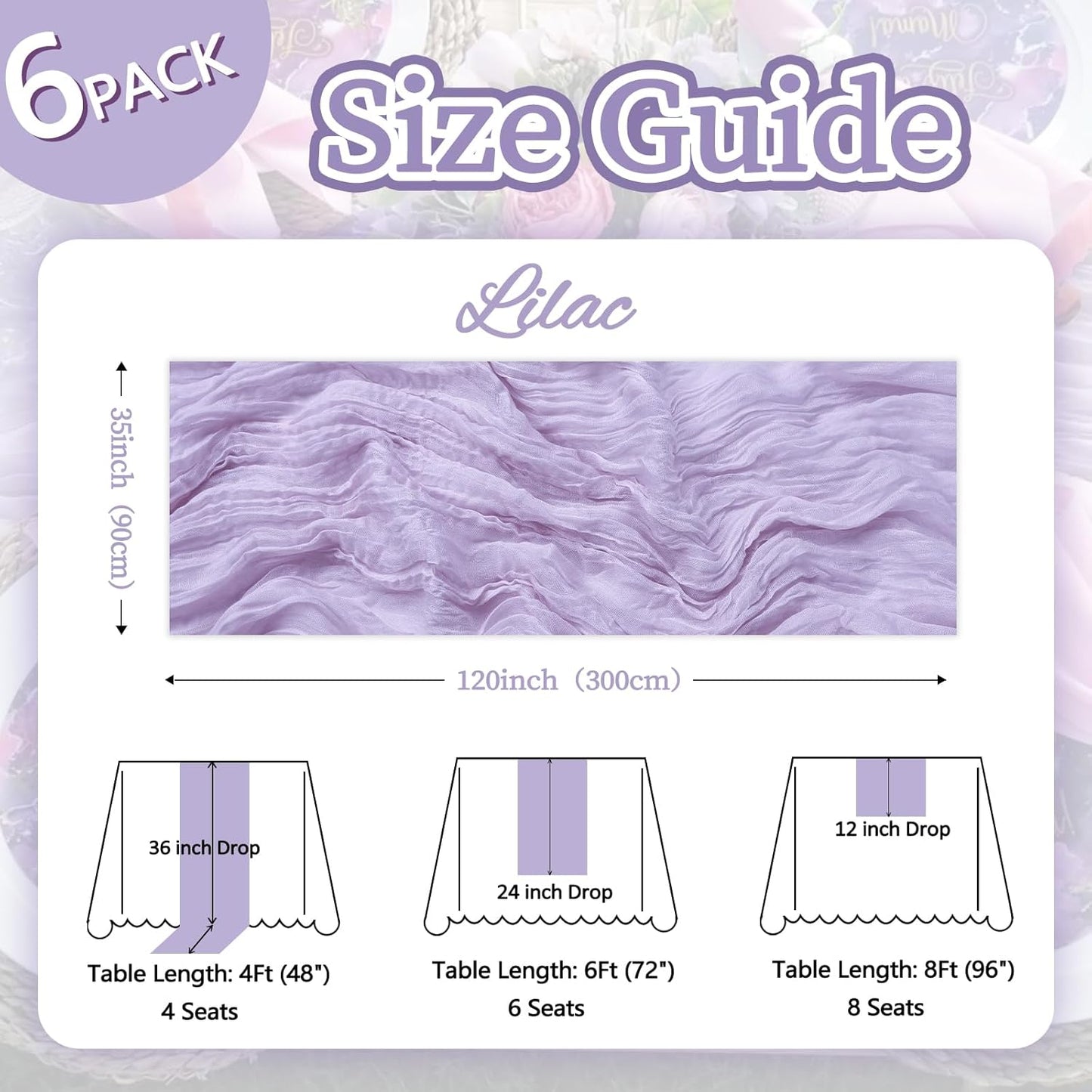 6 Pack Lilac Purple Table Runner 10ft Boho Gauze Fabric Cheesecloth Table Runner 35 x 120 Inch Rustic Sheer Runner for Romantic Wedding Decor Baby Shower Party Table Centerpiece Decoration