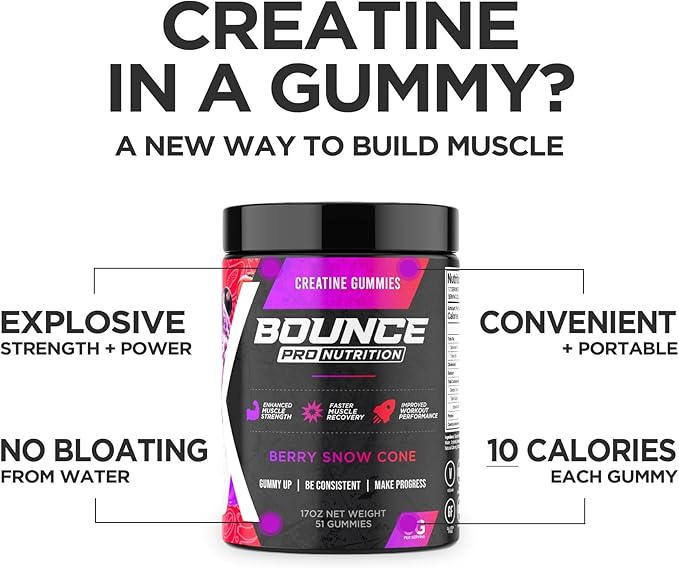 Bounce Pro Creatine Monohydrate Gummies for Men & Women, Low Calorie, 6G of Creatine per Serving, Vegan, Anti-Melting, Gluten-Free, Non-GMO, 2g of Creatine per Gummy (51ct, Berry Snow Cone)
