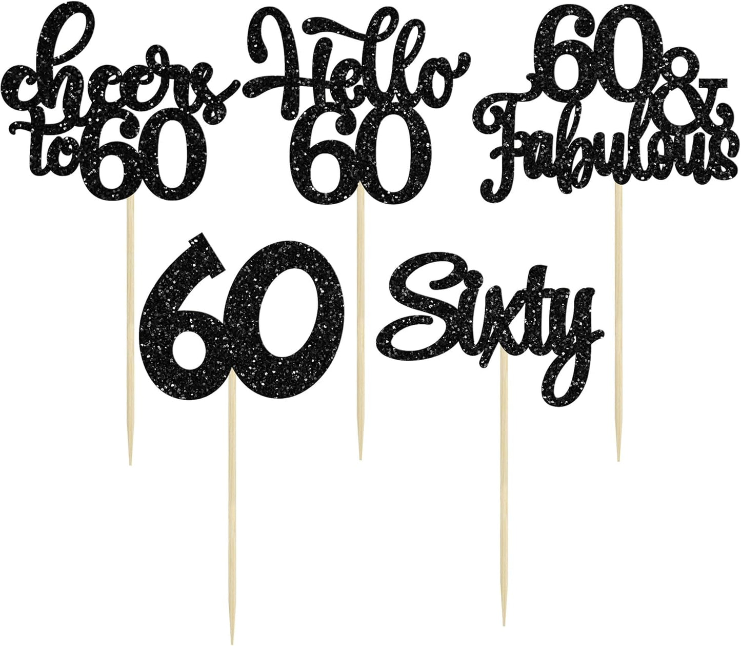 30Pcs Happy 60th Birthday Cupcake Toppers Black Glitter Sixty Cake Toppers Cheers to 60 Years Old Birthday Cupcake Picks for 60th Birthday Anniversary Party Cake Decorations Supplies