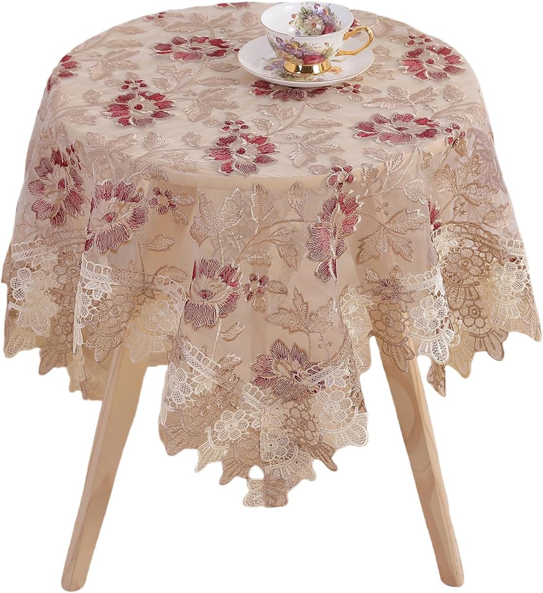 Round Embroidered Lace Tablecloth Vintage Decorative Exquisite Border Table Cover for Party Wedding Home Decorations, Round-35, Red