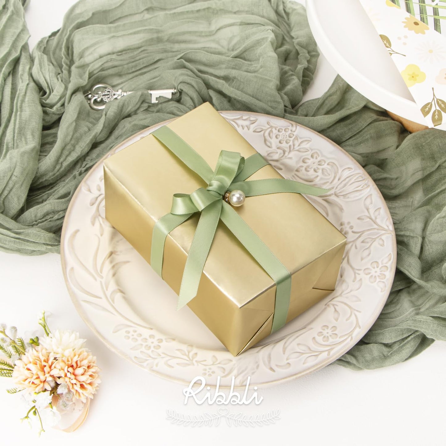Ribbli Dusty Sage Satin Ribbon Double Faced Satin 1/2 Inch x Continuous 25 Yards-Sage Green Ribbon for Gift Wrapping Crafts Wedding Decoration Bows Bouquet Floral Arrangement
