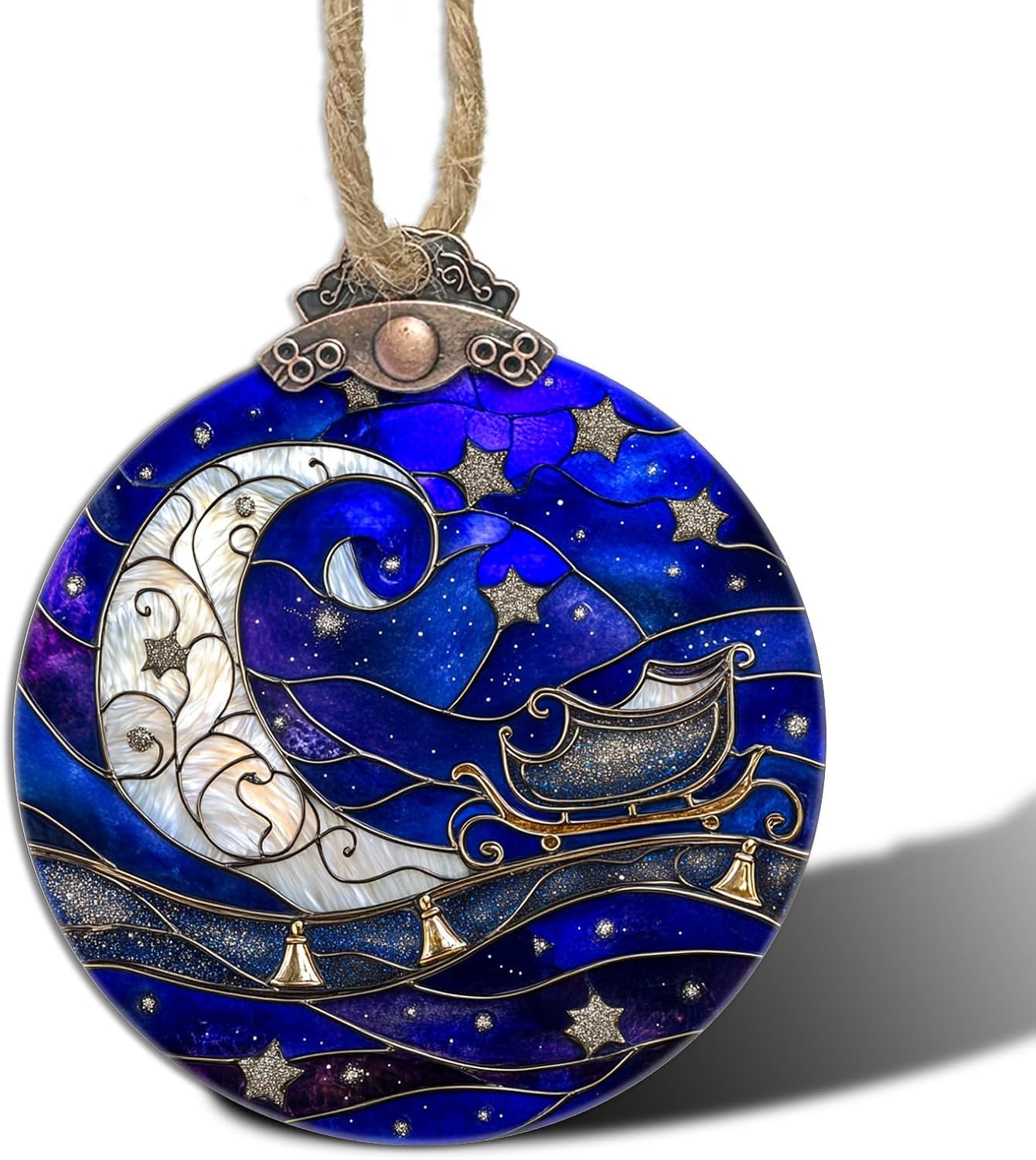 Stained Glass Christmas Decorations, Blue Starry Sky Silver Moon Suncatcher for Window Christmas Tree Hanging Ornaments Bell Sun Catcher Xmas Decor Gifts for Women Men Mom Nana Friend