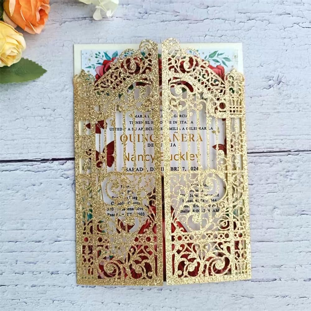 Glitter Laser Cut Gate Invitation Gold Castle For Wedding Valentine Birthday Quinceanera Sweet 16th 25 Sets (light rose gold glitter, 4.9"x7.1")