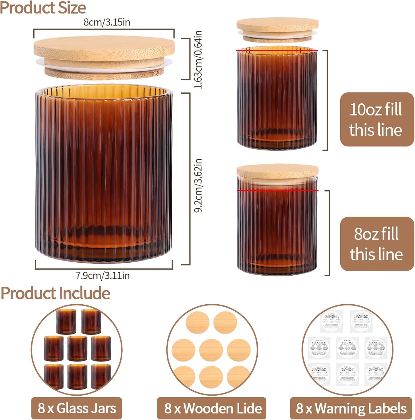 10 OZ Amber Candle Jars for Making Candles Set of 8, Ribbed Glass Candle Jars with Wood Lids and Labels, Candle Containers for DIY, Gifts, Home Decoration